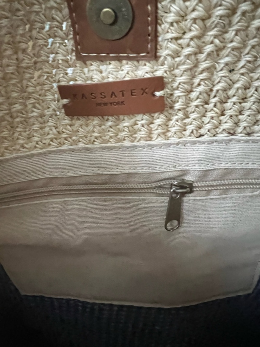 Kassatex Two-Tone Straw Tote in Natural and Blue with Tan Handles - Picture 6 of 6